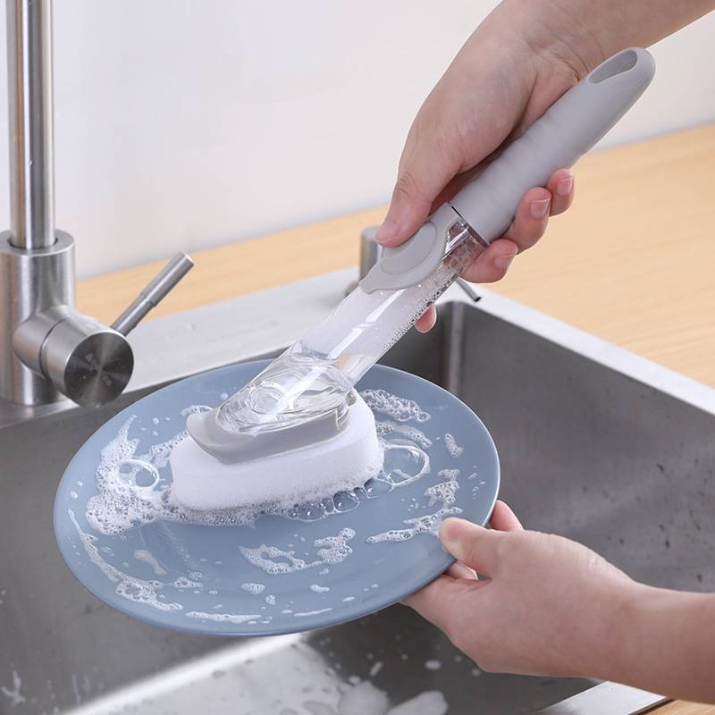 Multi-functional long handle hydraulic pot washing brush kitchen dishwasher automatic liquid filling cleaning brush set